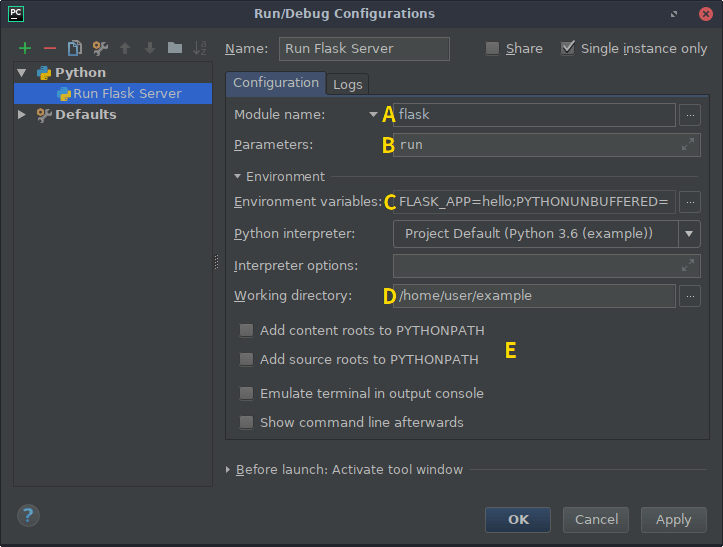 PyCharmの実行設定のスクリーンショット