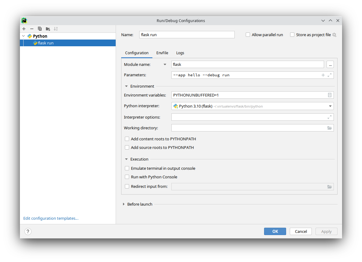 PyCharmの実行設定のスクリーンショット